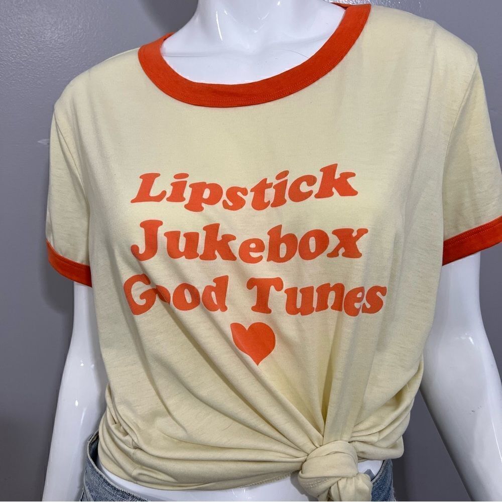 Lularoe "Lipstick, Juke Box, Good Tunes" Cream/Orange T-shirt -- L - Picture 9 of 13